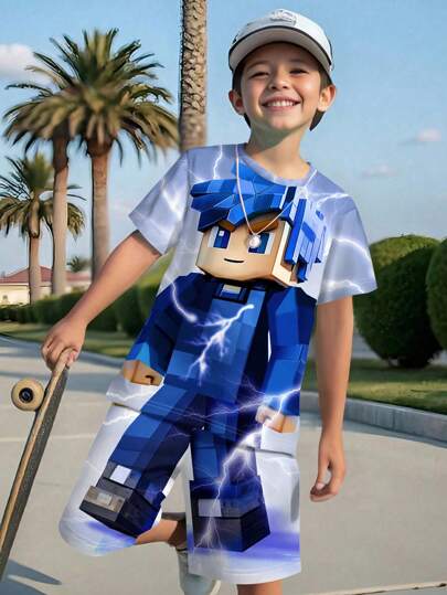 SHEIN Leap Crew Conjunto informal de 2 piezas para niño preadolescente de manga corta y cuello redondo, adecuado para el verano