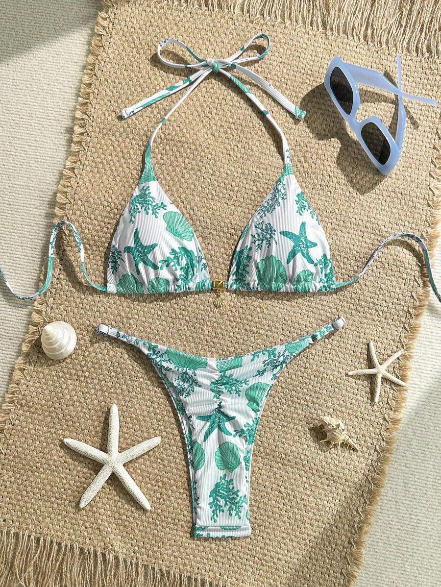 Swim Mod 2pcs/Set Summer Vacation Random Print Rib Texture Gold Shell Accessory Halter Crop Top And Bikini Swimwear Set, Sexy Women's Swimsuit - Multicolor - View 1