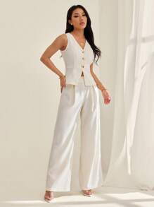 SHEIN PETITE Bộ vest và quần blazer không tay thanh lịch dành cho nữ, phù hợp cho công sở/đi làm, mùa hè - Màu be - Xem 6