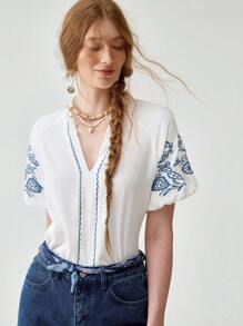 Florisole Casual Elegant Floral Embroidered V-Neck Puff Sleeve Loose White Blouse For Women, Comfortable Breathable Fabric, Suitable For Daily, Holiday And Summer - White - View 3
