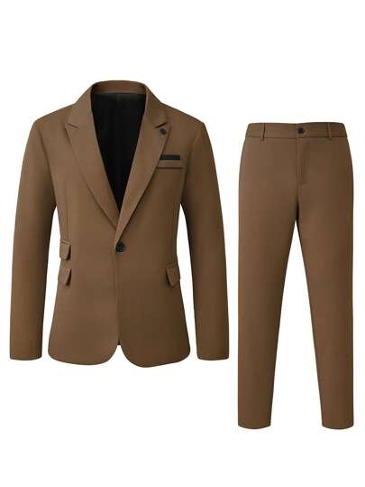 Manfinity Mode Men's Solid Color Long Sleeve Blazer And Pants Casual Formal Suit Set Men Suits Brown