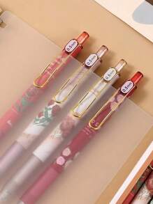 4 支装 中性笔 花朵伸缩笔 0.5 毫米 黑色墨水中性笔 女士女孩可爱美观笔 办公学校用笔，办公和学校用品