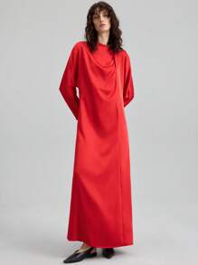 Ontre 2025 New Elegant & Stylish Women's Long Sleeve Asymmetric A-Line Midi Dress, Red, Minimalist Design, Suitable For Party, Date, Valentine's Day