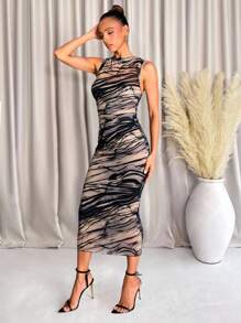 SHEIN Clasi Enges Midikleid mit abstraktem Muster und hohem Kragen, geeignet für den Sommer - Verschiedenfarbig - Übersicht 4