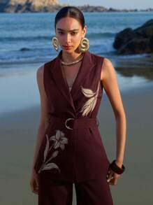 ZEYLAH Business Style Embroidered Linen Loose Fit Dual Breasted Suit Vest - Burgundy - View 7