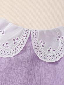 SHEIN 女孩休闲荷叶边领泡泡袖短袖圆领百搭可爱白色开衫衬衫 - 紫色 - 查看 4