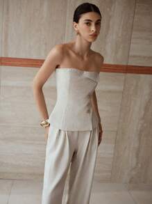 MOTF PREMIUM Ensemble Top tube ajusté et pantalon ample à plis creux - Beige - Voir 5