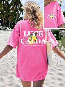 Plus Size Casual Minimalist Design Round Neck Short Sleeve T-Shirt, Plus Size,Lemon Pattern,Summer Clothes - Hot Pink - View 1