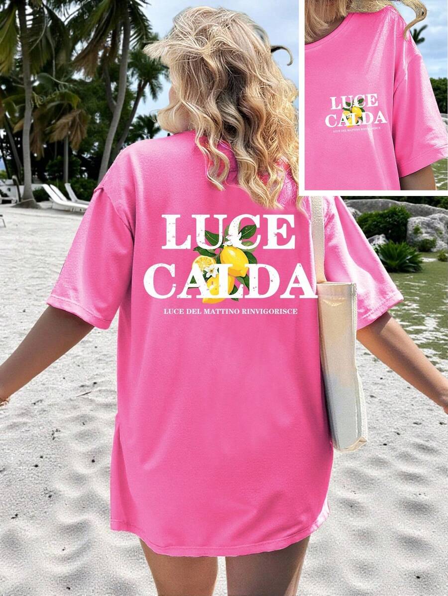 Plus Size Casual Minimalist Design Round Neck Short Sleeve T-Shirt, Plus Size,Lemon Pattern,Summer Clothes - Hot Pink - View 1