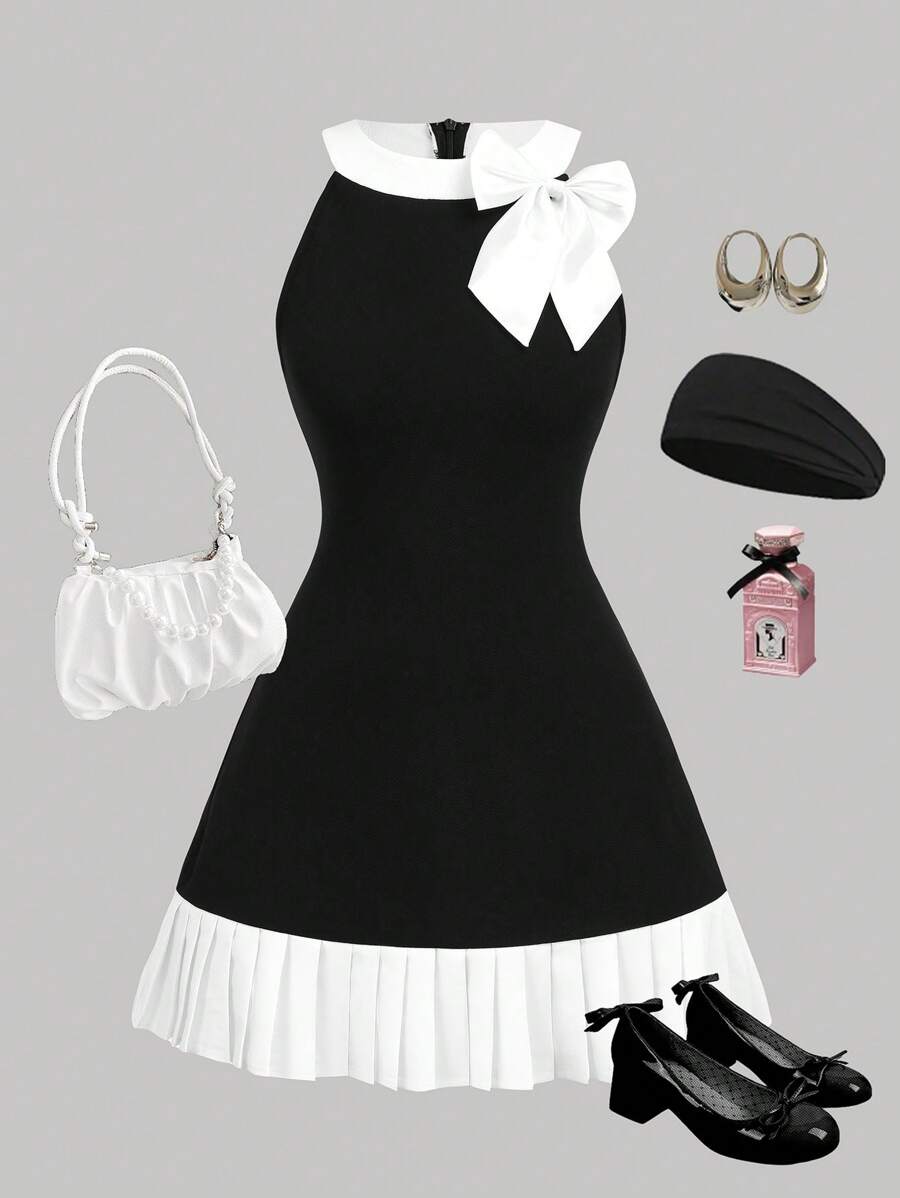 SHEIN Girlism 少女拼色吊带无袖蝴蝶结装饰撞色下摆褶皱迷你连衣裙，优雅、复古、甜美