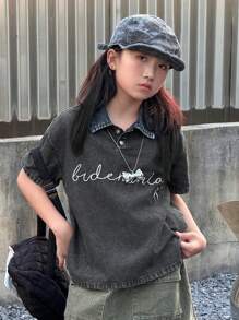 Dazy Kids 女童牛仔领短袖上衣，青少年女孩秋季时尚 - 灰色 - 查看 6