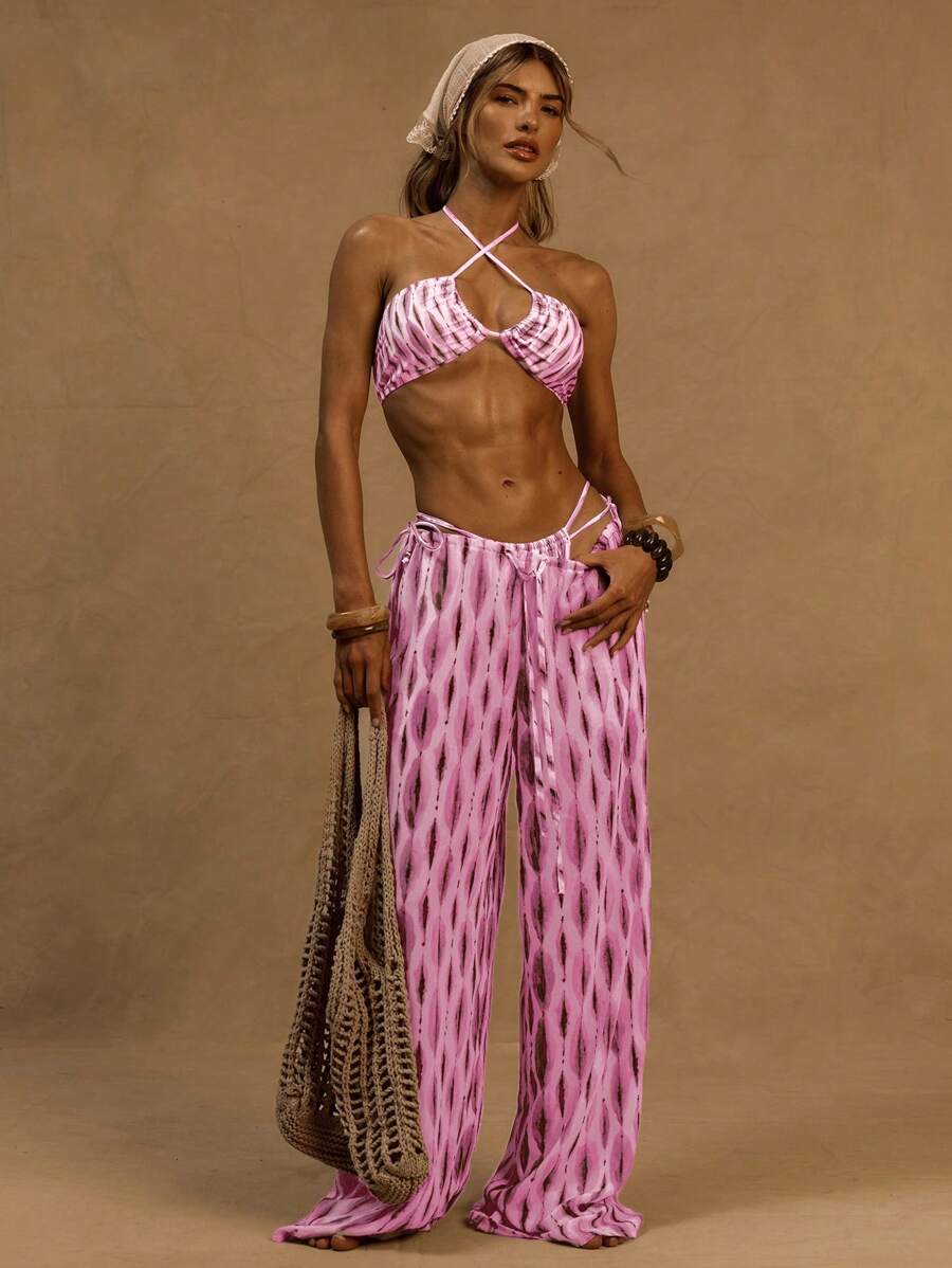 Musera Resort Quần ống rộng thắt eo in họa tiết giả vải lanh, thích hợp cho kỳ nghỉ ở Ibiza, mùa xuân, mùa hè, đi biển, áo khoác ngoài, đồ bơi, lễ Phục sinh, trang phục thường ngày. - Hồng - Xem 1