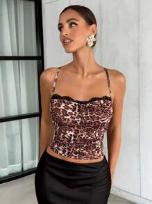 Lavishia Women's Summer Leopard Print Contrast Lace Slim Fit Camisole Top , Summer Clothes - Black - View 4