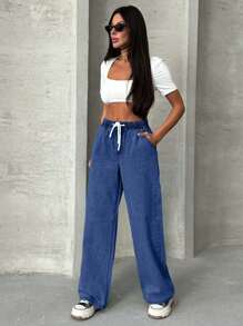 EURMUSE Casual Washed Drawstring Waist Straight Leg Jeans - Medium Wash - View 4