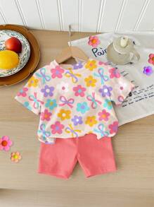 SHEIN Leap Crew 2 件年轻女孩休闲简约短袖短裤套装，适合夏季 - 彩色 - 查看 3