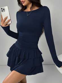SHEIN EZwear Women's Elegant Navy Blue Ruffle Hem Long Sleeve Dress - Royal Blue - View 6