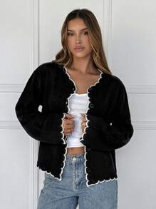 SHEIN EZwear Women's Autumn Contrast Shell-Edged Black Wool Cardigan, Suitable For Daily Street Wear - Black - View 3