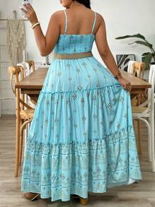 Vionelle 大码女式蓝色碎花V领细肩带长款休闲太阳裙、节日连衣裙 - 彩色 - 查看 2