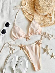 Comfortcana 2-Piece White Summer Casual Sequin Vacation Holiday Solid Color Gold Star Accessories Tube Top Bikini+High Waist Starfish Briefs Seaside Beach - Yellow - View 6
