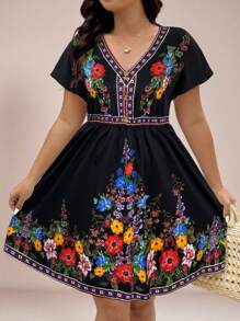 SHEIN VCAY Plus Size Batwing Short Sleeve V-Neck Floral Print Dress Embroidered Mexican Festival Wildflower - Black - View 5