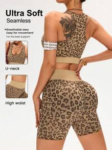 SHEIN Sport Studio Leopard Print Tank Top & Shorts Sports Yoga Set