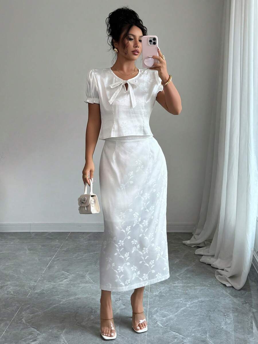 Elenzga Conjunto de 2 piezas de blusa de manga corta y falda de jacquard elegante para mujer - Blanco - Ver 1
