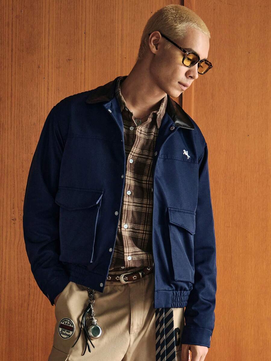 SWAVVY Men's Woven Casual Loose Open Front Patchwork Jacket - Blue - View 1