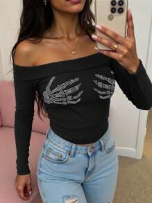 SHEIN Slayr Women's Palm Print Off Shoulder T-Shirt - Black - View 1