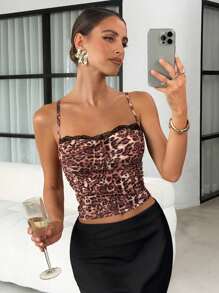 Lavishia Women's Summer Leopard Print Contrast Lace Slim Fit Camisole Top , Summer Clothes - Black - View 1