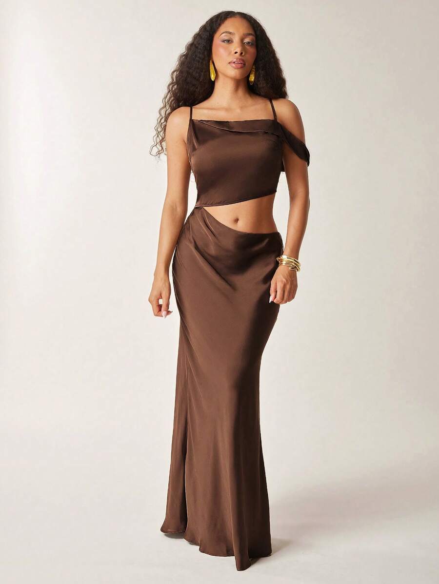 Vixey Off Shoulder Cut Out Solid Satin Mermaid Hem Maxi Dress, Summer Dresses For Women, Summer Dresses For Women, Summer Outfits For Women, Dresses For Women Summer, Summer Clothes For Women, Wedding Guest Dress