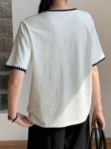 DAZY Women's Casual Colorblock Round Neck Loose Street Wear Short Sleeve Letter Print T-Shirt, Summer