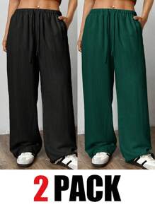 SHEIN EZwear 2件套加大码纯色女裤，深绿色和黑色 - 墨綠色 - 查看 1