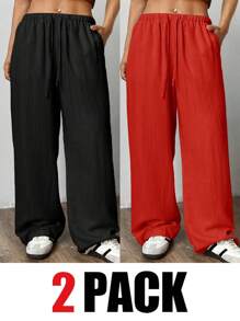 SHEIN EZwear 2件套大码女式系腰阔腿宽松裤 - 紅色 - 查看 1