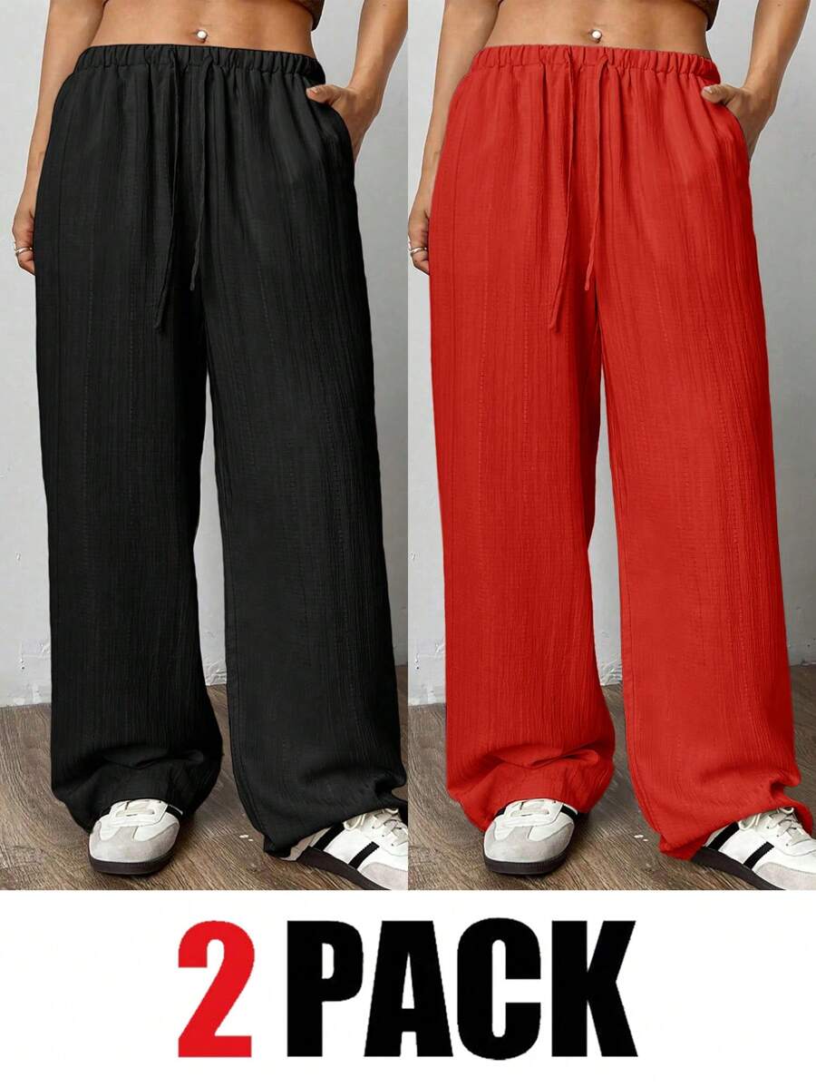 SHEIN EZwear 2件套大码女式系腰阔腿宽松裤 - 紅色 - 查看 1