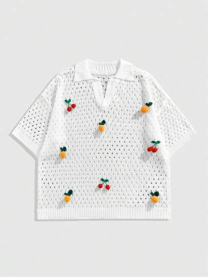 Street Life Men's 3D Cherry Decor Hollow Out Short Sleeve Knit Sweater