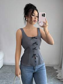 Elenzga Korean Style Bowknot Patchwork Cropped Top, Stylish Slim-Fit Slit Design Blazer For Spring And Summer - Grey - View 5