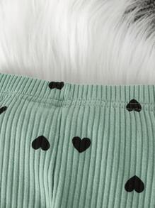SHEIN Baby Girl Heart Print Contrast Lettuce Binding Tee & Pants