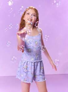 Pop Mart Azura X SHEIN Tween Girl Cartoon Dreamy Star & Rainbow Printed Purple Cute Camisole Top & Loose Shorts Pajama Set