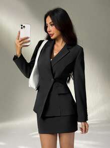 SHEIN PETITE Women's Business Office Double-Breasted Blazer & Skirt Suit,Elegant Black Mini Skirt Suit Set With Long Sleeve Lapel Blazer,Fall Women Clothes,Business Casual Woman