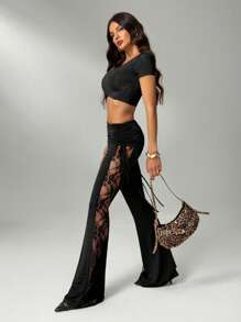 SHEIN Tall Quần ống loe xếp nếp có dây rút eo gợi cảm màu đen cho nữ đi biển - màu đen - Xem 4
