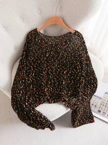 CosyJoli Plus Size Colorful Polka Dot Hollow Crew Neck Long Sleeve Sweater Pullover,Slightly Sheer,Fall Clothes For Women Autumn - Black - View 4