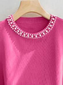 SHEIN Plus Size Women Pearl Decor Round Neck Fashion Knitted Vest Winter Fall Autumn - Hot Pink - View 3