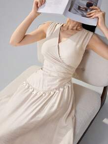 Heiryn Damen einfarbiges Sommerkleid mit V-Ausschnitt, ärmellos, tailliert, Lässig Strandurlaubs-Kleid