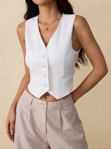 SHEIN PETITE 秋冬女式纯色单排扣无袖休闲西装外套 - 白色 - 查看 2