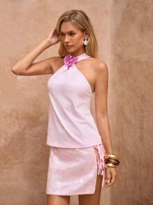 SHEIN Clasi Women's Elegant Sleeveless Top With 3D Floral Decor & Ruffle Detail Graduation Boho - Pink - View 6