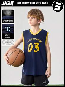 JNSQ Tween Boy Back To School Outdoor Sports Vest, Children's Crew Neck Colorblock Funny Letter Print Outdoor Sports Tank Top