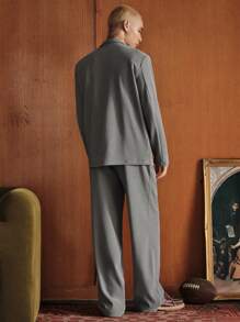 SWAVVY 2pcs Unisex Casual Viral Stairs Textured Fabric Deep V Neck Fitted Blazer And Straight Leg Trouser Suit Set, Suitable For Daily Wear - Light Grey - View 2