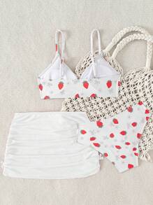 Tween Girls Strawberry Print Bikini Set With Skirt For Holiday - White - View 2