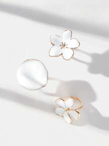 SHEIN SXY 3pcs/Set White Flower Design Rings, Suitable For Daily Wear - White - View 3