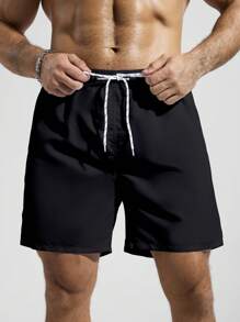 Surfspeed Men's Solid Color Pocket Drawstring Waist Beach Shorts, Suitable For Summer Swimming Shorts For Men - Black - View 3